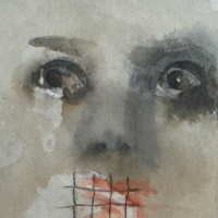 The Mask frightens me ... - Aquarel, wol, potlood op viscose - 20 x 25 cm - 2020